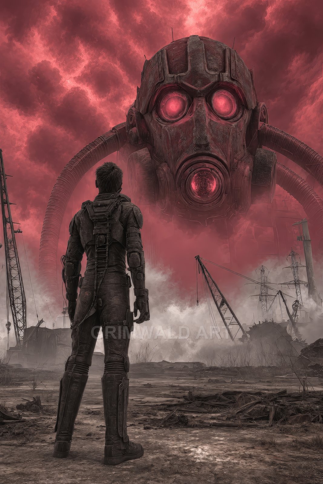 A lone armoured figure stands in a ruined industrial wasteland, confronting a gigantic floating gas-mask machine under turbulent red clouds and drifting industrial fog.