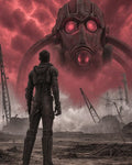GRID THUMBNAIL — A lone armoured figure stands in a ruined industrial wasteland, confronting a gigantic floating gas-mask machine under turbulent red clouds and drifting industrial fog.