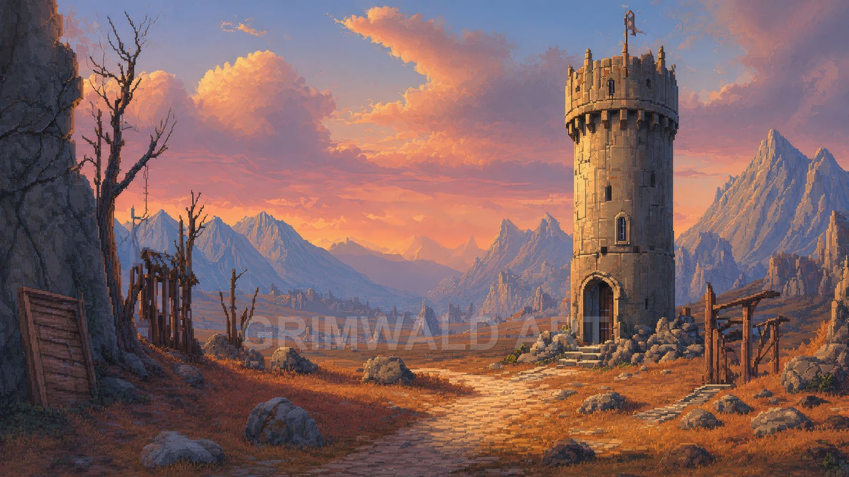 Pixel-art fantasy landscape with a solitary round stone watchtower by a rocky path, orange sunset sky, distant jagged mountains, and scattered ruins.