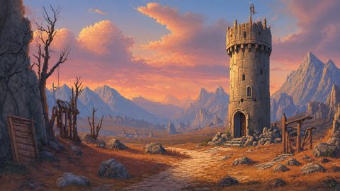 GRID THUMBNAIL — Pixel-art fantasy landscape with a solitary round stone watchtower by a rocky path, orange sunset sky, distant jagged mountains, and scattered ruins.