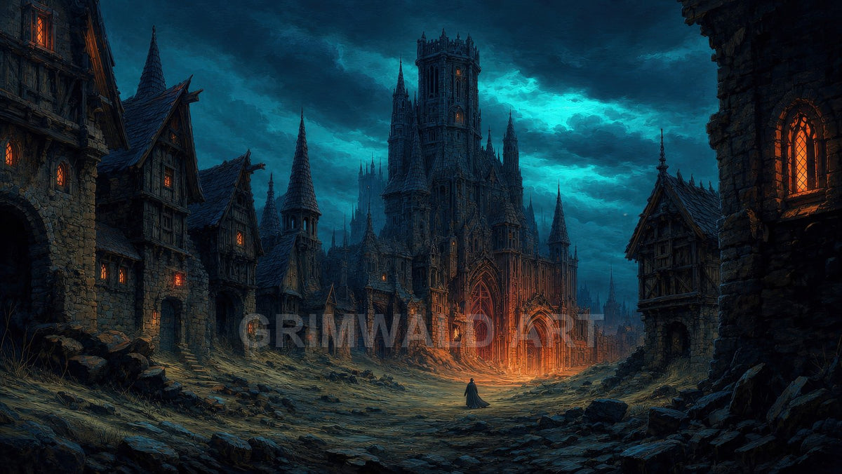 Moonlit medieval city with a towering gothic cathedral glowing orange at its gates, jagged spires, rocky street, and a lone cloaked figure approaching.