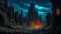 GRID THUMBNAIL — Moonlit medieval city with a towering gothic cathedral glowing orange at its gates, jagged spires, rocky street, and a lone cloaked figure approaching.