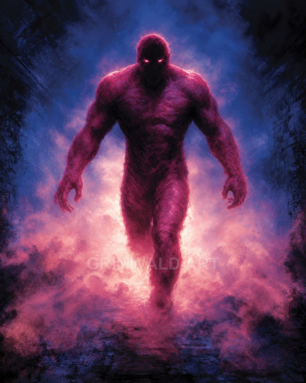 A towering, muscular shadow demon with glowing eyes strides forward through swirling pink and purple mist against a dark, painterly background.