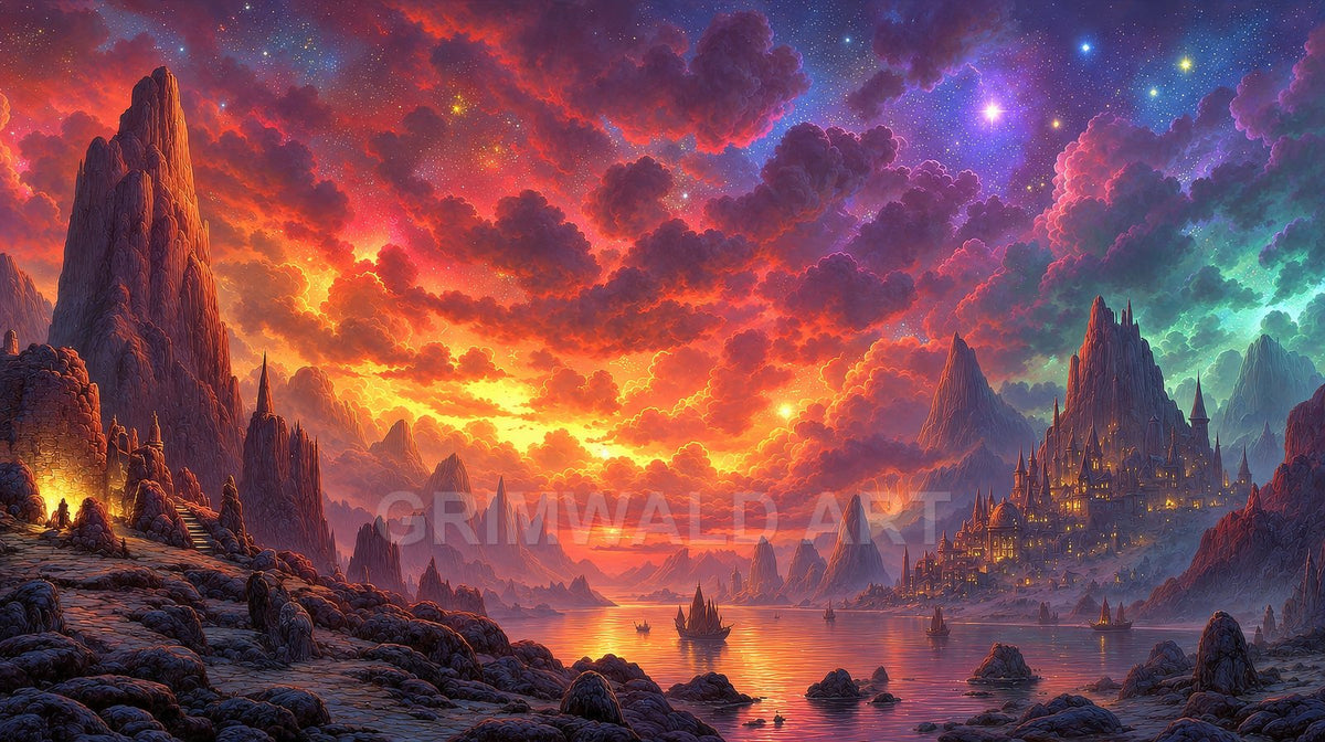 Vast fantasy coastline with a lit mountain city, vivid multicoloured sunset clouds, starry sky, jagged peaks, and small sailing ships on calm water.