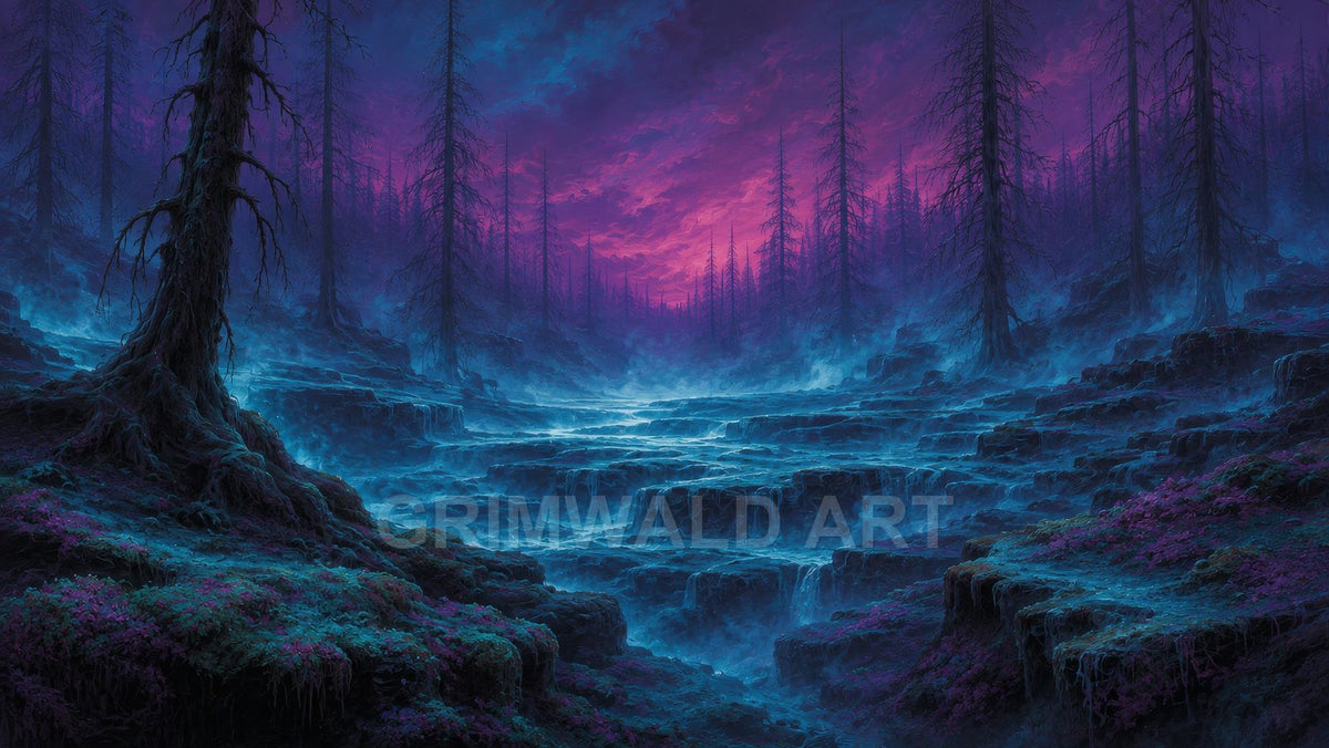 Glowing blue terraced waterfalls flow through a misty forest of bare pines beneath a vivid purple twilight sky with ethereal fog.