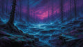 GRID THUMBNAIL — Glowing blue terraced waterfalls flow through a misty forest of bare pines beneath a vivid purple twilight sky with ethereal fog.