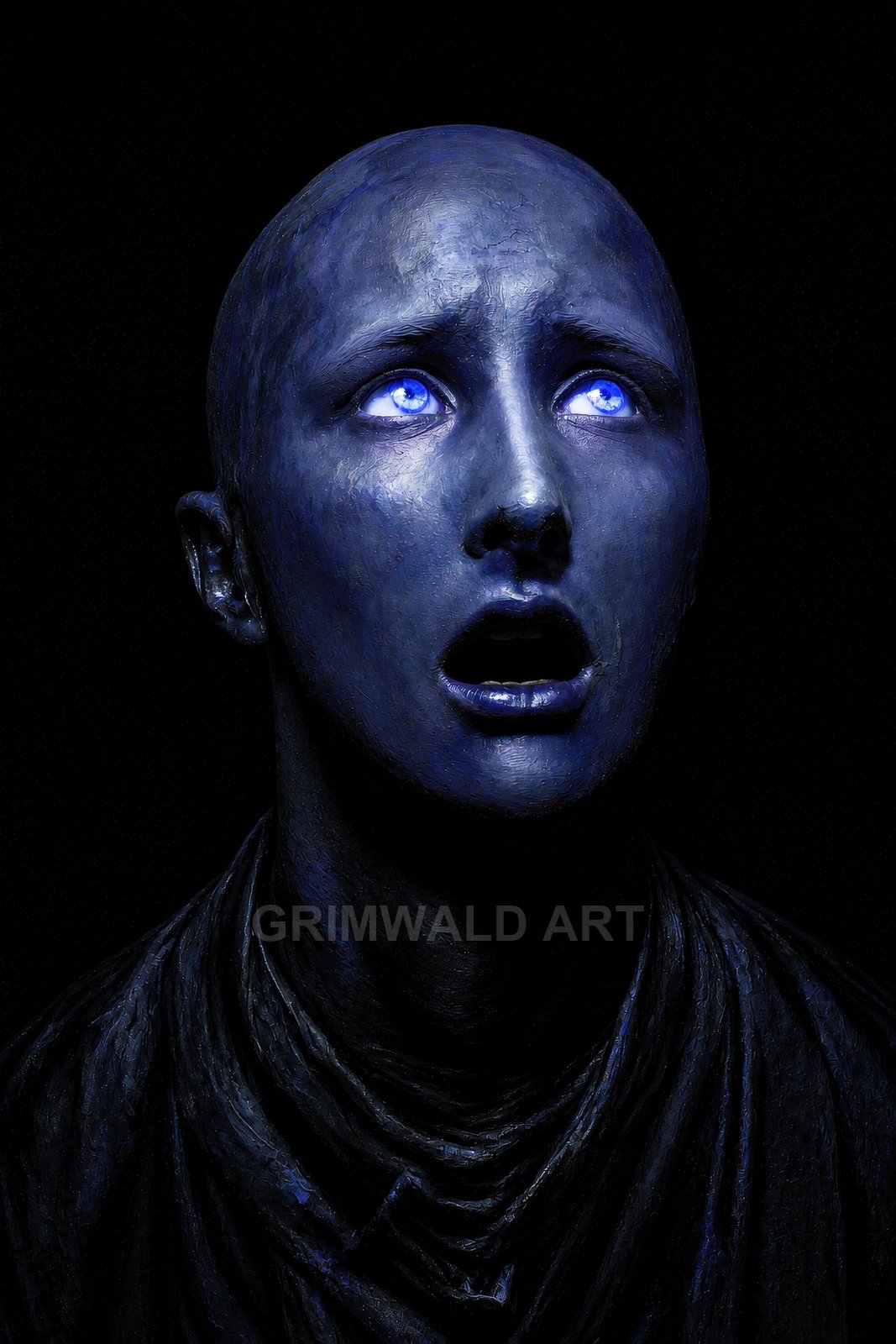 Close-up of a bald, blue-skinned figure with glowing blue eyes and parted lips, staring upward in fear against a black background.