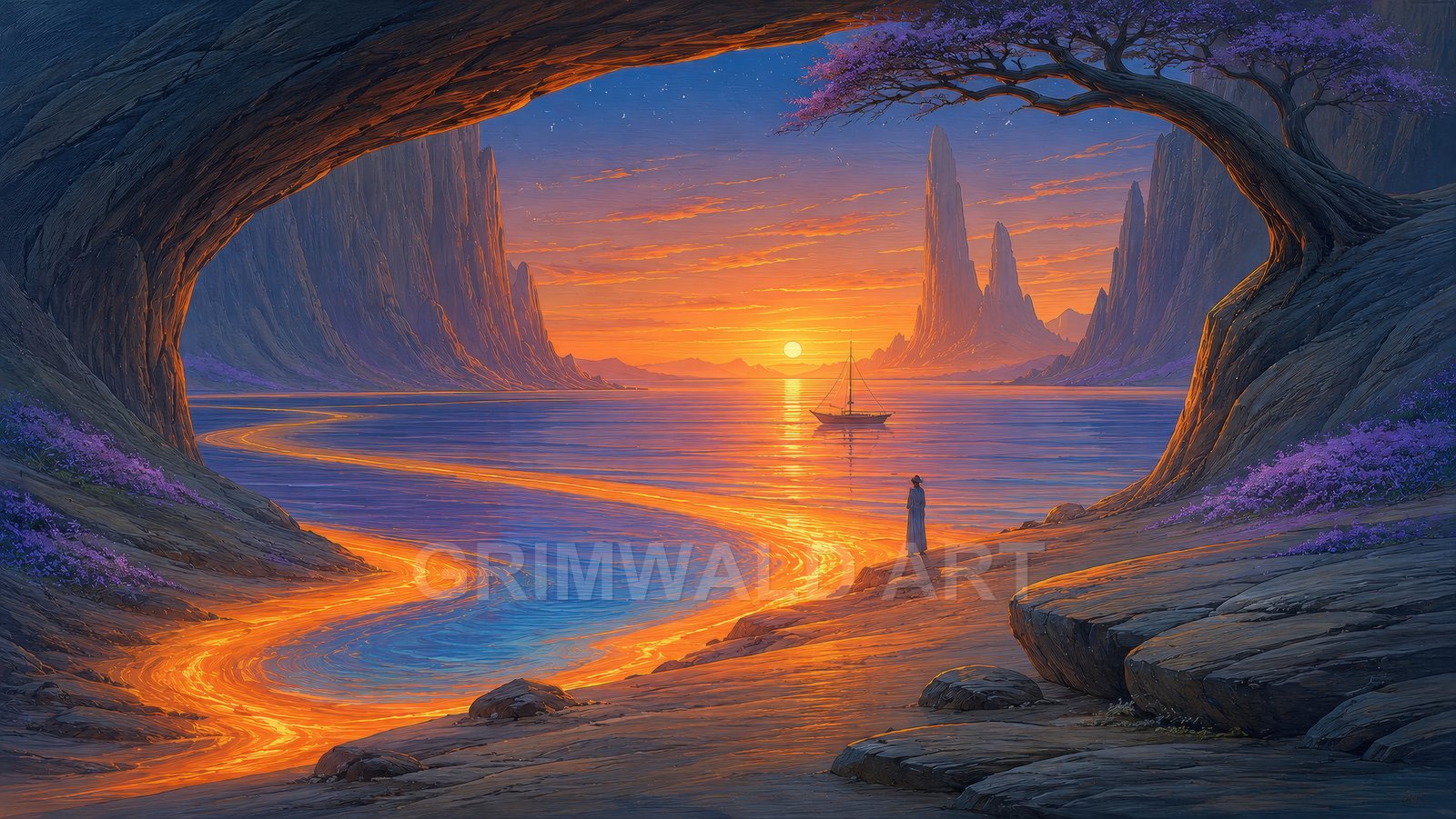 Retro fantasy seascape at sunset with a glowing river of light, sailboat on calm water, rock arch, spire cliffs and purple flowers.