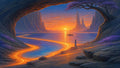 GRID THUMBNAIL — Retro fantasy seascape at sunset with a glowing river of light, sailboat on calm water, rock arch, spire cliffs and purple flowers.