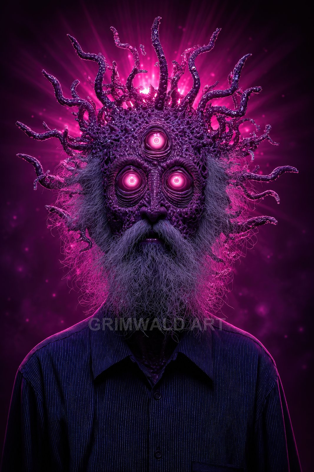 Portrait of an alien figure with tentacled crown, three glowing eyes and a long beard, bathed in vivid purple light against a cosmic background.