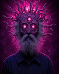 GRID THUMBNAIL — Portrait of an alien figure with tentacled crown, three glowing eyes and a long beard, bathed in vivid purple light against a cosmic background.