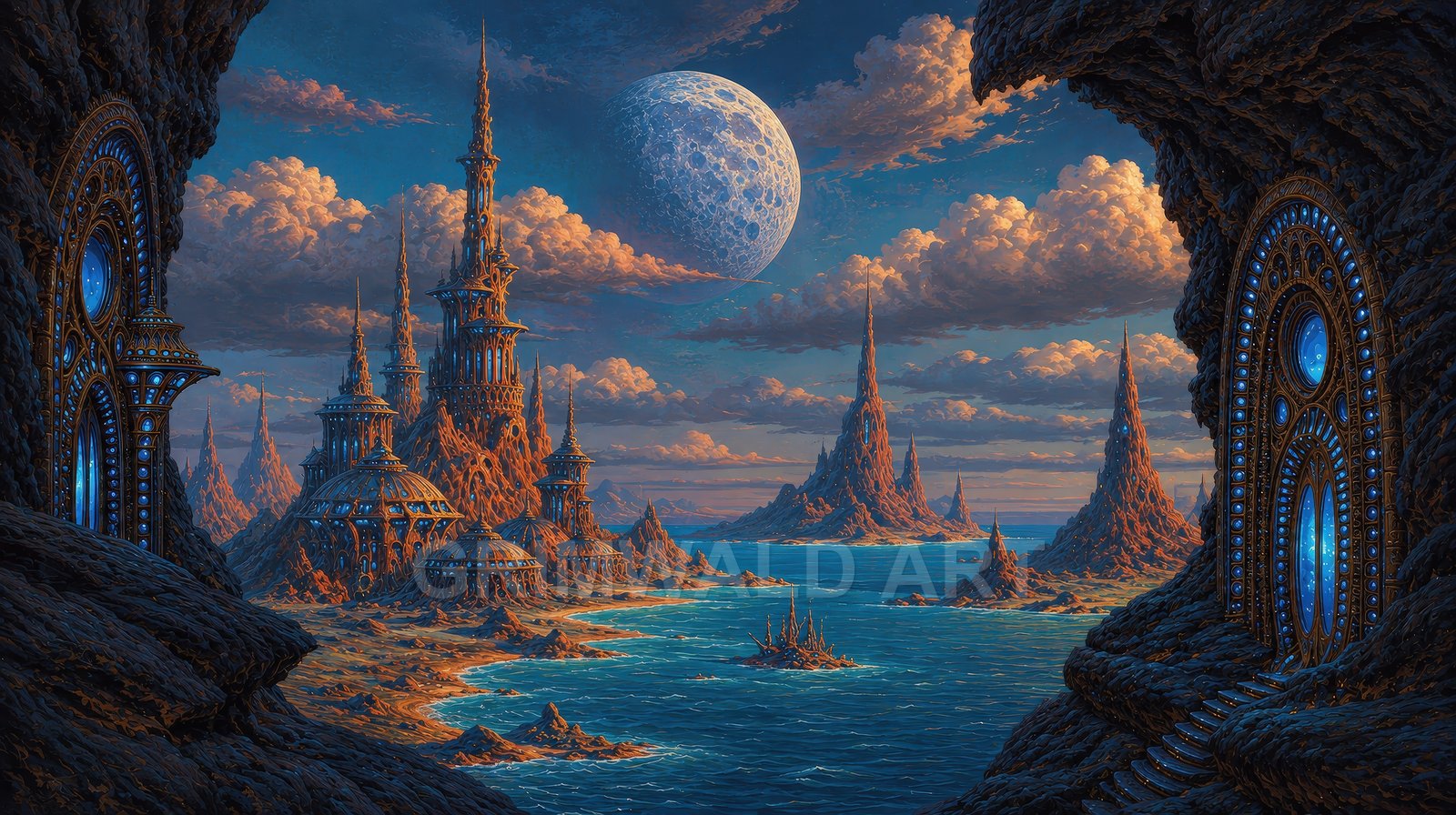 Fantastical coastal city of copper spires beneath a vast moon, framed by glowing blue portals in rocky cliffs, lit by warm evening light.