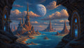 GRID THUMBNAIL — Fantastical coastal city of copper spires beneath a vast moon, framed by glowing blue portals in rocky cliffs, lit by warm evening light.