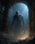 GRID THUMBNAIL — A tall demonic creature with glowing purple eyes and long claws stalks through a stone dungeon archway, lit by blue moonbeams and drifting mist.