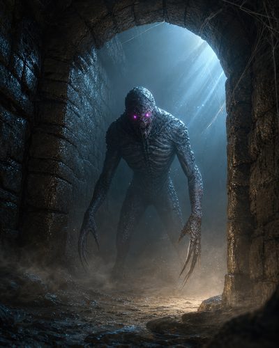 GRID THUMBNAIL — A tall demonic creature with glowing purple eyes and long claws stalks through a stone dungeon archway, lit by blue moonbeams and drifting mist.