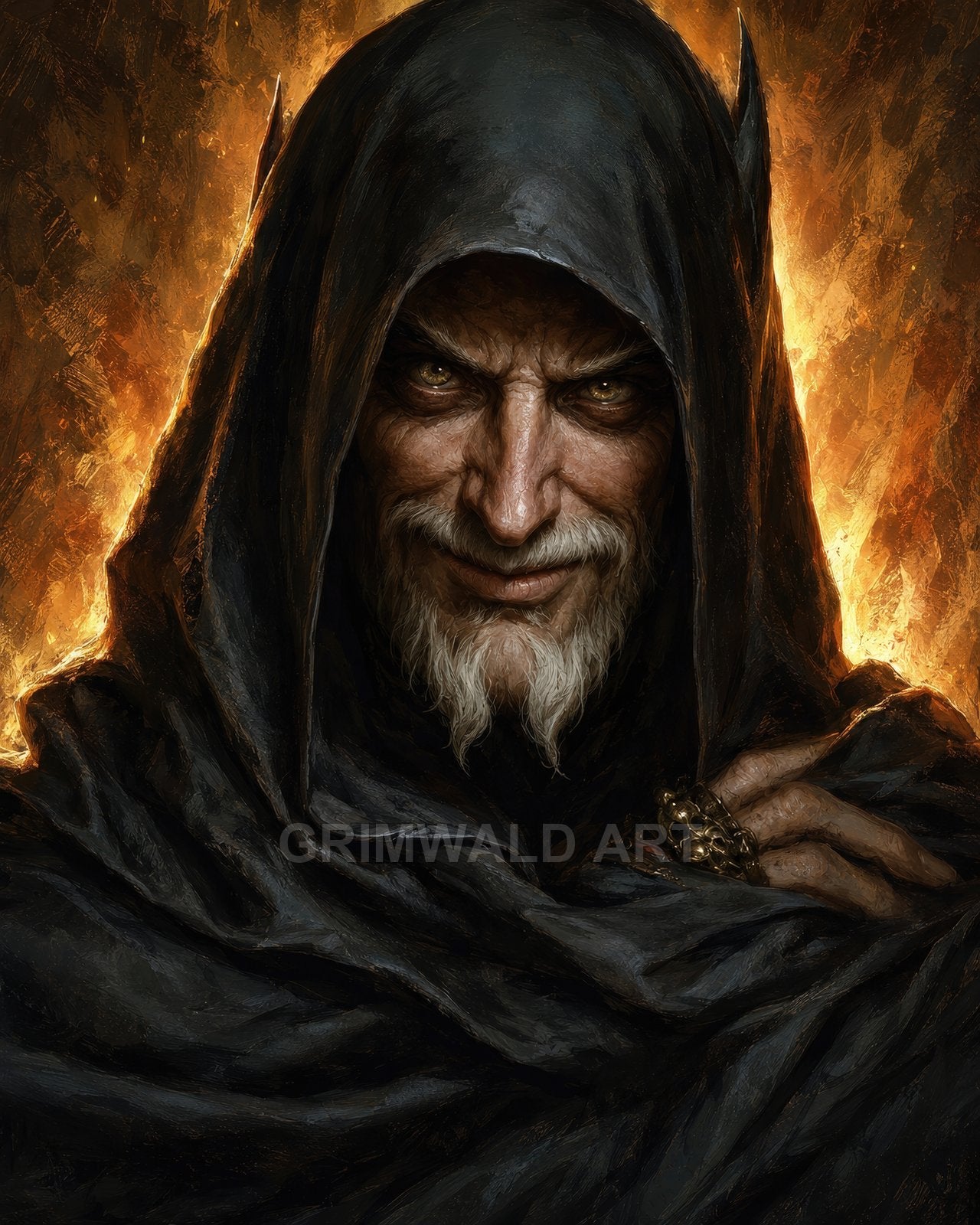 Portrait of an elderly hooded man with piercing golden eyes and a sly smile, firelit background, dark cloak, and a skull-ringed hand.