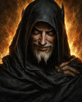 GRID THUMBNAIL — Portrait of an elderly hooded man with piercing golden eyes and a sly smile, firelit background, dark cloak, and a skull-ringed hand.