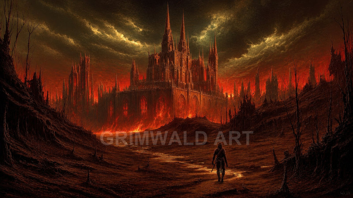 A lone figure walks a scorched path towards a towering gothic castle amid fiery skies and smouldering wasteland, illuminated by volcanic fire.