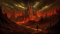 GRID THUMBNAIL — A lone figure walks a scorched path towards a towering gothic castle amid fiery skies and smouldering wasteland, illuminated by volcanic fire.