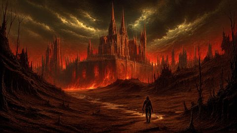 GRID THUMBNAIL — A lone figure walks a scorched path towards a towering gothic castle amid fiery skies and smouldering wasteland, illuminated by volcanic fire.
