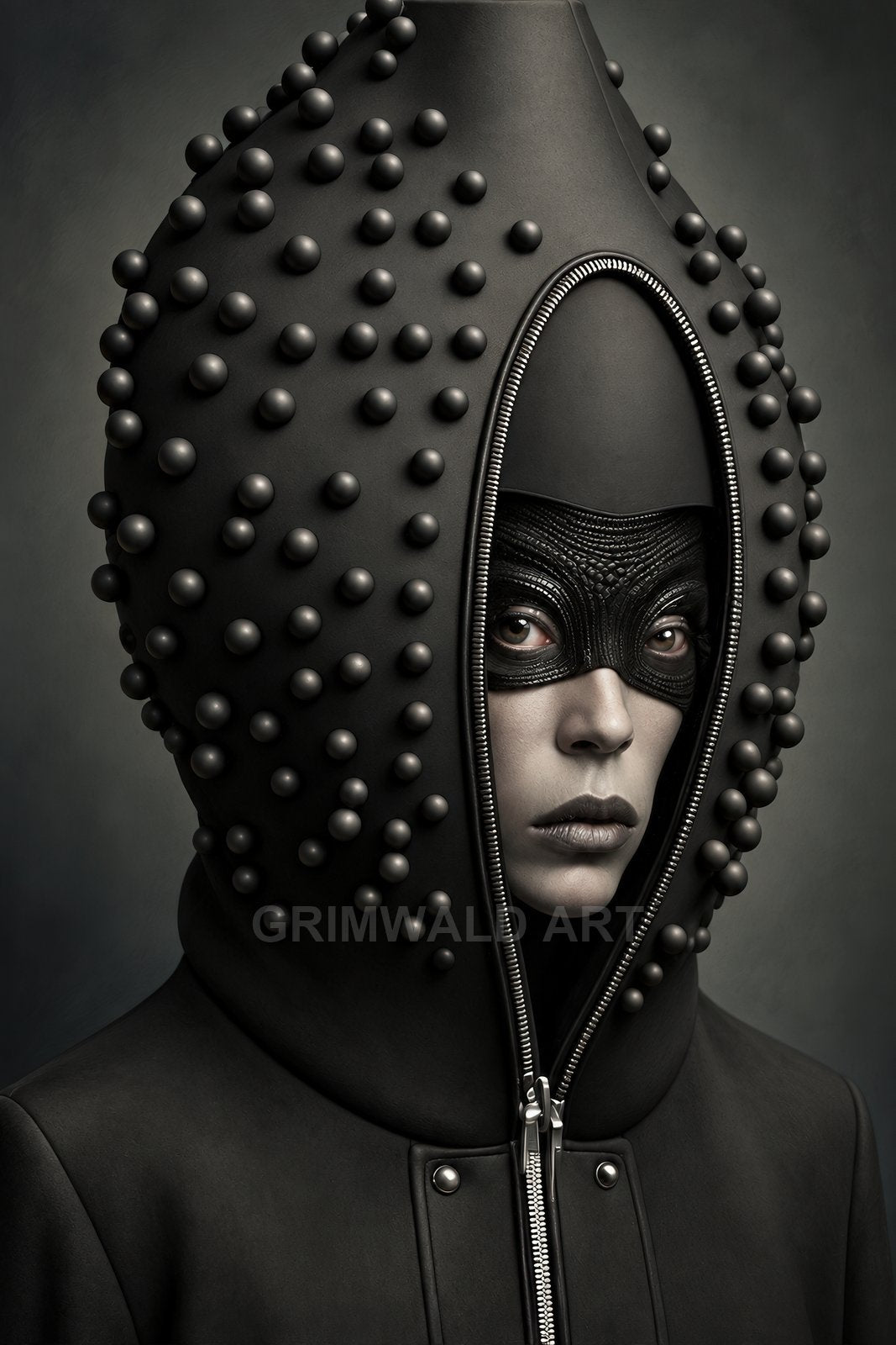Close portrait of an androgynous human wearing a black studded hood with a zipper opening and textured eye mask, against a moody grey background.