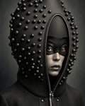 GRID THUMBNAIL — Close portrait of an androgynous human wearing a black studded hood with a zipper opening and textured eye mask, against a moody grey background.