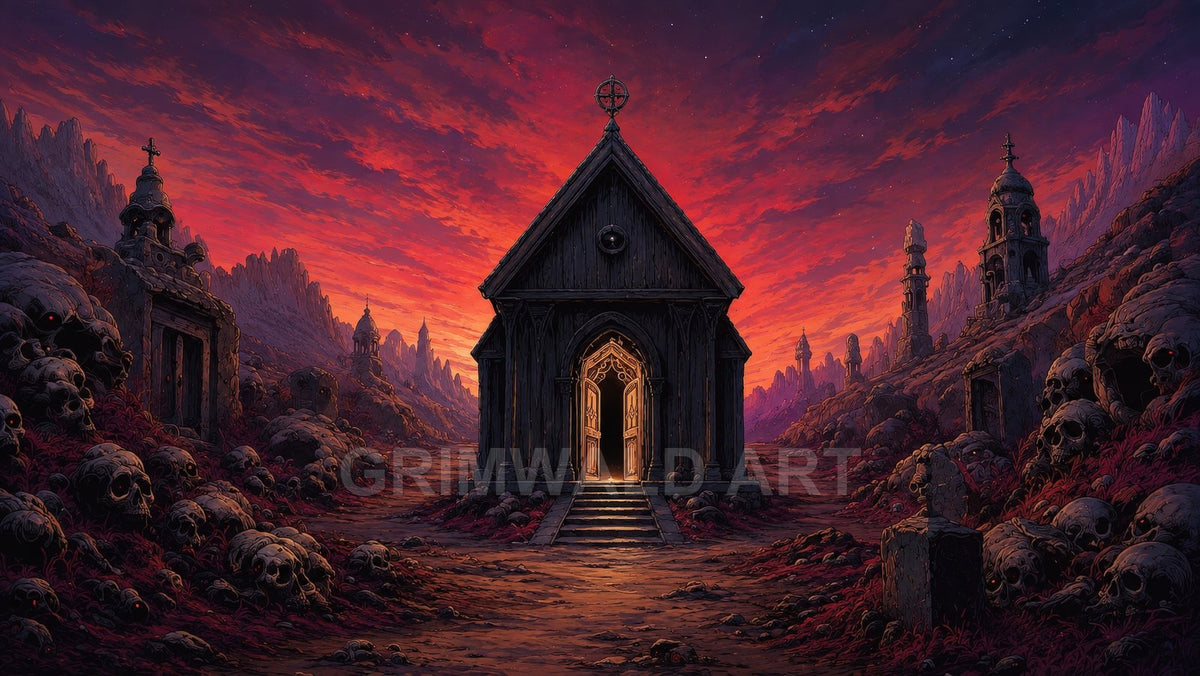 Gothic mausoleum with glowing doorway stands amid skull-strewn graveyard and crumbling towers beneath a red sunset sky and jagged mountains.