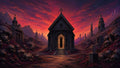 GRID THUMBNAIL — Gothic mausoleum with glowing doorway stands amid skull-strewn graveyard and crumbling towers beneath a red sunset sky and jagged mountains.