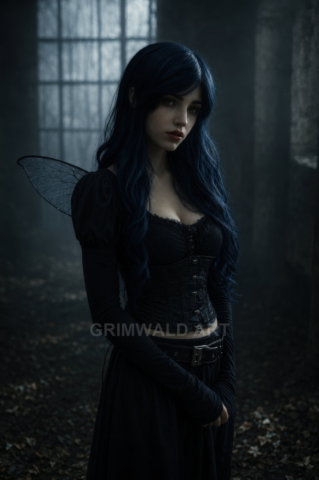 A blue-haired fairy with translucent wings in a black gothic dress stands in a misty ruin, near a tall window filtering pale light.