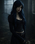 GRID THUMBNAIL — A blue-haired fairy with translucent wings in a black gothic dress stands in a misty ruin, near a tall window filtering pale light.