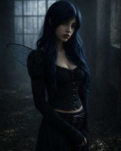 GRID THUMBNAIL — A blue-haired fairy with translucent wings in a black gothic dress stands in a misty ruin, near a tall window filtering pale light.