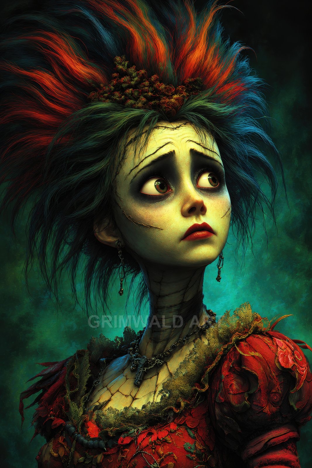 Portrait of a stitched undead woman with wild multicoloured hair, red dress, and key necklace, gazing sideways against a teal, shadowy background.