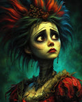 GRID THUMBNAIL — Portrait of a stitched undead woman with wild multicoloured hair, red dress, and key necklace, gazing sideways against a teal, shadowy background.
