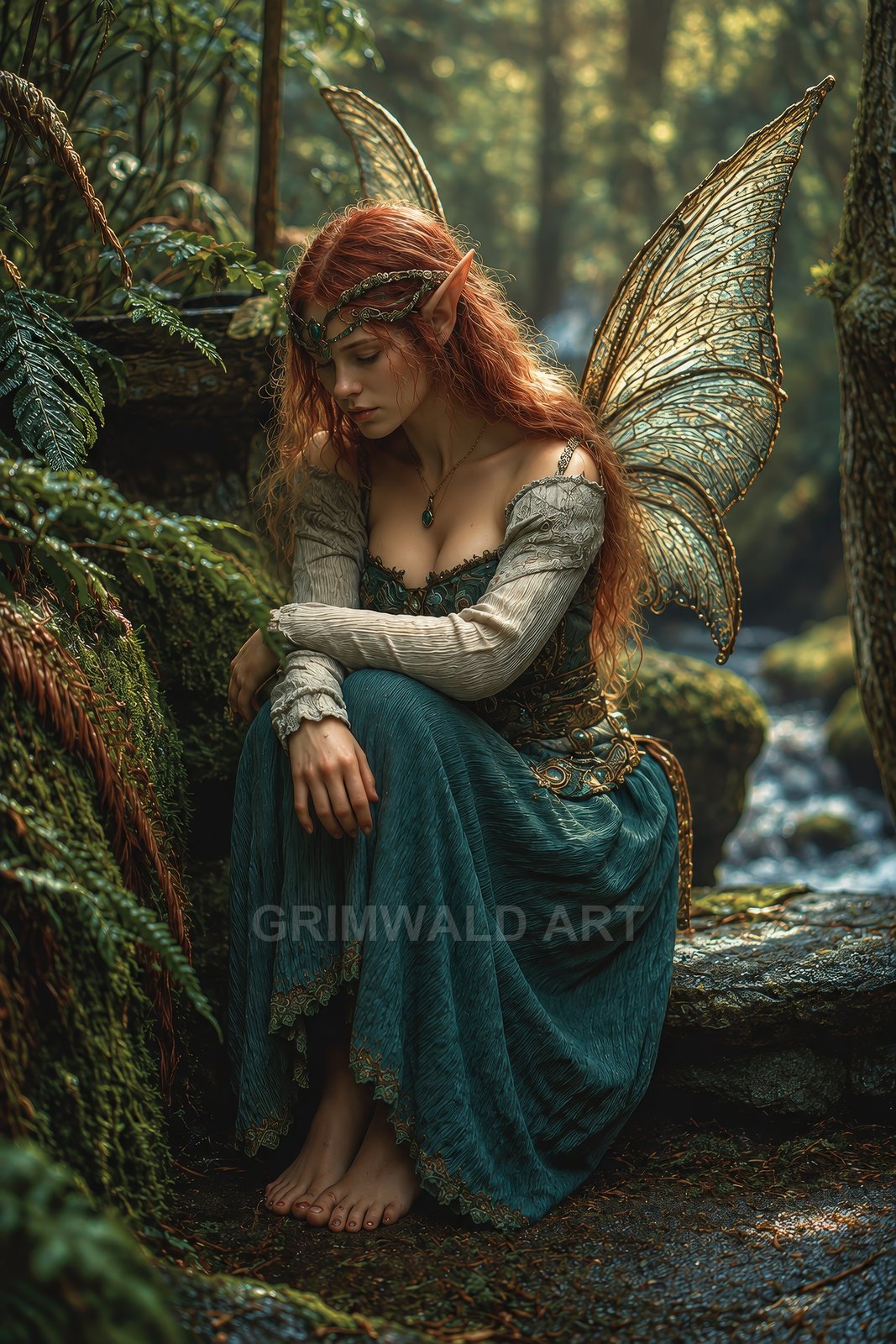 A red-haired fairy with gossamer wings sits barefoot on mossy rocks in a sun-dappled forest, wearing a teal gown and circlet.