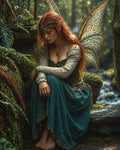 GRID THUMBNAIL — A red-haired fairy with gossamer wings sits barefoot on mossy rocks in a sun-dappled forest, wearing a teal gown and circlet.