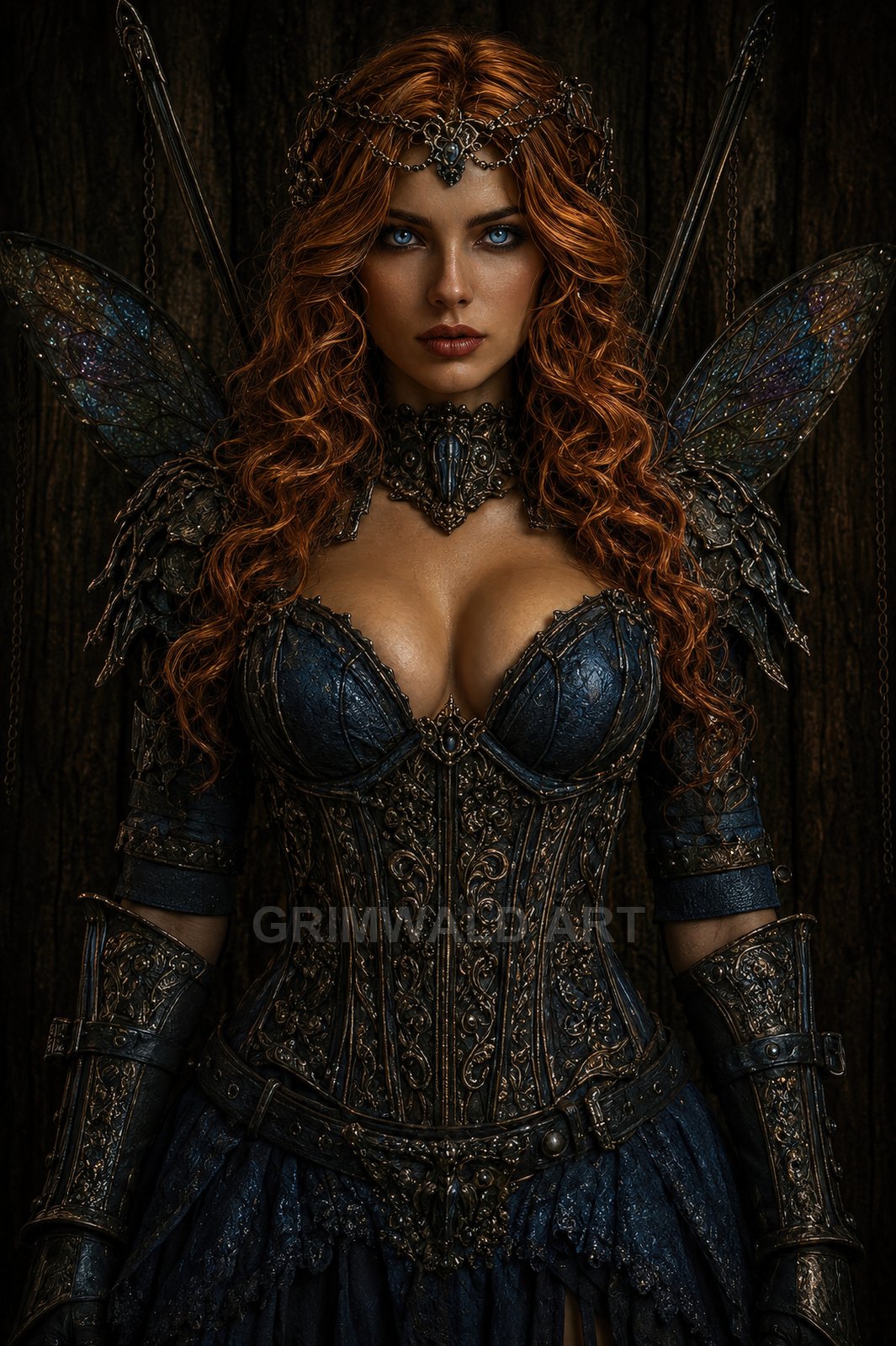Armoured red‑haired fairy with piercing blue eyes and iridescent wings, wearing ornate dark blue filigree armour and circlet, against a dark wooden backdrop.