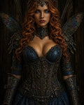 GRID THUMBNAIL — Armoured red‑haired fairy with piercing blue eyes and iridescent wings, wearing ornate dark blue filigree armour and circlet, against a dark wooden backdrop.