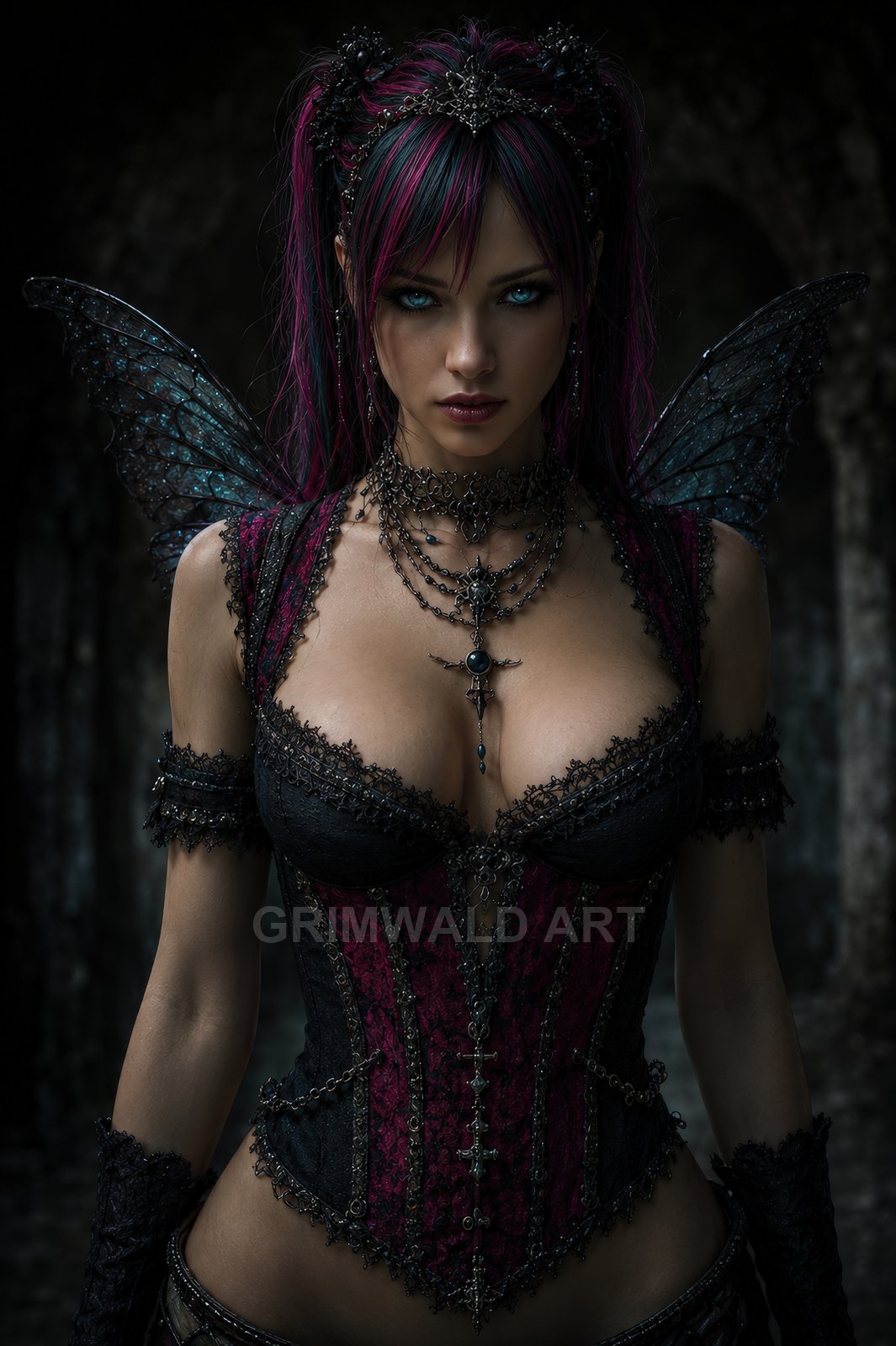 Gothic fairy woman with iridescent wings, black and crimson corset, ornate jewellery and piercing blue eyes, standing before shadowy stone ruins at night.