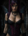 GRID THUMBNAIL — Gothic fairy woman with iridescent wings, black and crimson corset, ornate jewellery and piercing blue eyes, standing before shadowy stone ruins at night.