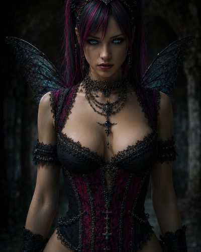 GRID THUMBNAIL — Gothic fairy woman with iridescent wings, black and crimson corset, ornate jewellery and piercing blue eyes, standing before shadowy stone ruins at night.