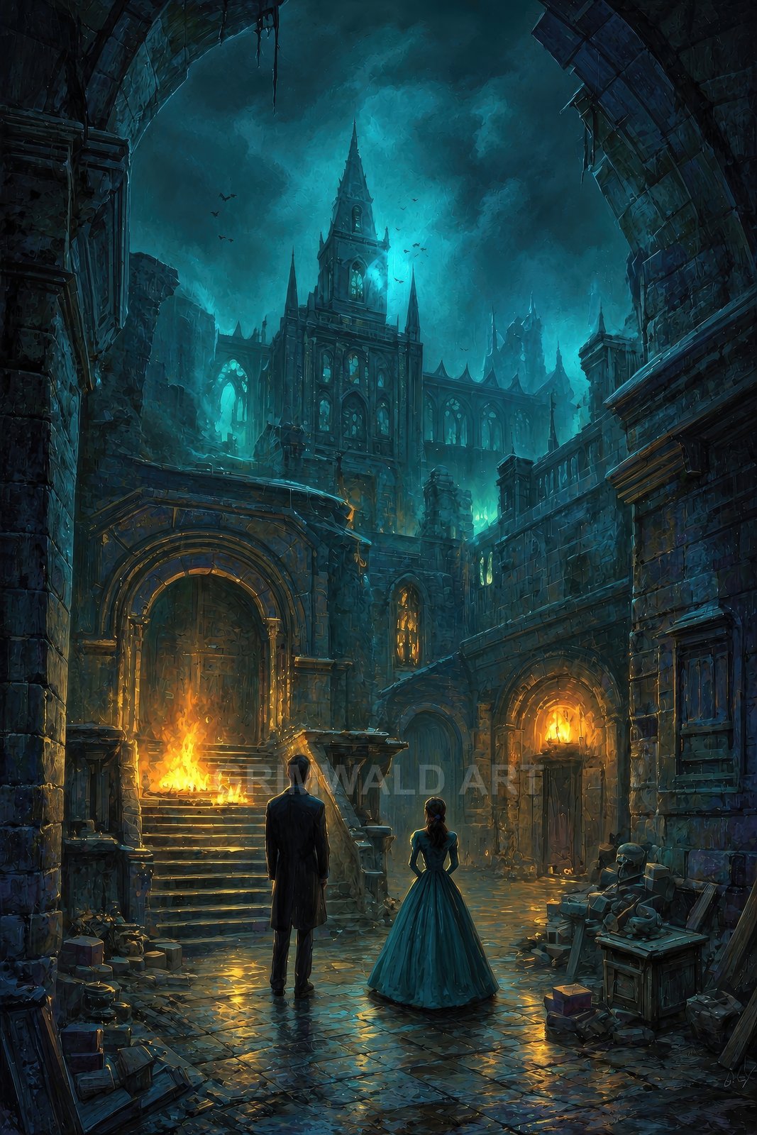 Two figures in period clothing face burning steps beneath a towering gothic cathedral, with moonlit ruins and torchlight reflecting on wet stone.