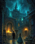 GRID THUMBNAIL — Two figures in period clothing face burning steps beneath a towering gothic cathedral, with moonlit ruins and torchlight reflecting on wet stone.