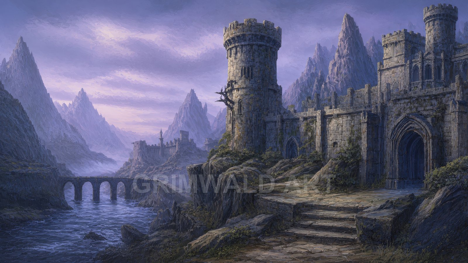 Stone fortress with round towers and arched gate on rocky cliffs, beside river and bridge, amid jagged misty mountains at twilight.