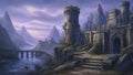 GRID THUMBNAIL — Stone fortress with round towers and arched gate on rocky cliffs, beside river and bridge, amid jagged misty mountains at twilight.