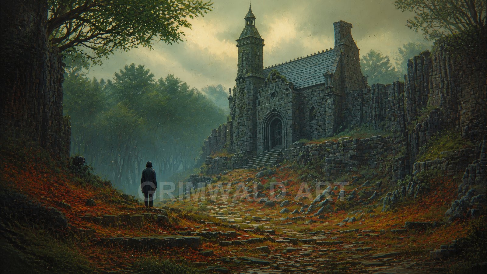 A lone figure stands on a leaf-strewn path before a mossy stone chapel and crumbling walls amid misty forest under overcast sky.