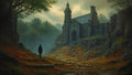 GRID THUMBNAIL — A lone figure stands on a leaf-strewn path before a mossy stone chapel and crumbling walls amid misty forest under overcast sky.