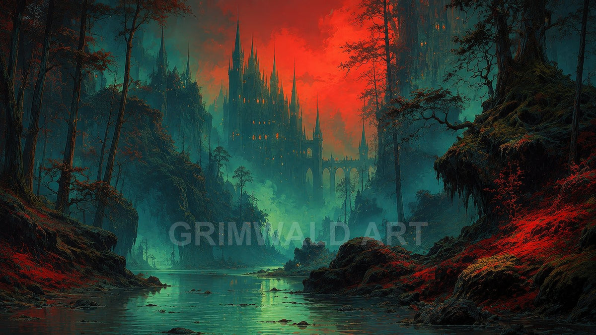 Gothic spired castle with glowing windows rises above a misty forested gorge and river, beneath a dramatic blood-red sky and teal haze.