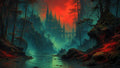 GRID THUMBNAIL — Gothic spired castle with glowing windows rises above a misty forested gorge and river, beneath a dramatic blood-red sky and teal haze.