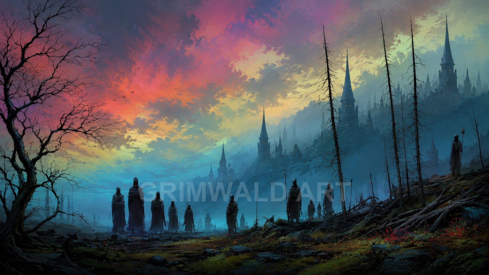 Misty gothic city of spires beneath a vibrant sunset sky, with robed figures and barren trees across a rocky, forested foreground.