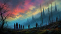 GRID THUMBNAIL — Misty gothic city of spires beneath a vibrant sunset sky, with robed figures and barren trees across a rocky, forested foreground.